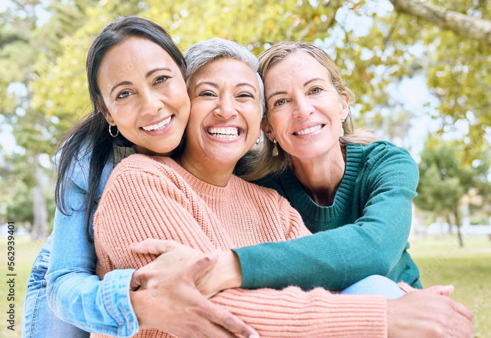 Retirement, women or bonding hug for portrait profile picture, social media or lifestyle freedom blog in relax environment. Smile, happy or elderly senior friends in nature park, garden or community Retirement, women or bonding hug for portrait profile picture, social media or lifestyle freedom blog in relax environment. Smile, happy or elderly senior friends in nature park, garden or community