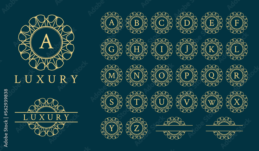 Fototapeta premium Alphabet collection of luxury ornament frame logo. Perfect for boutique, beauty cosmetics, spa, yoga, meditation, jewelry, hotel, wedding and the like industries