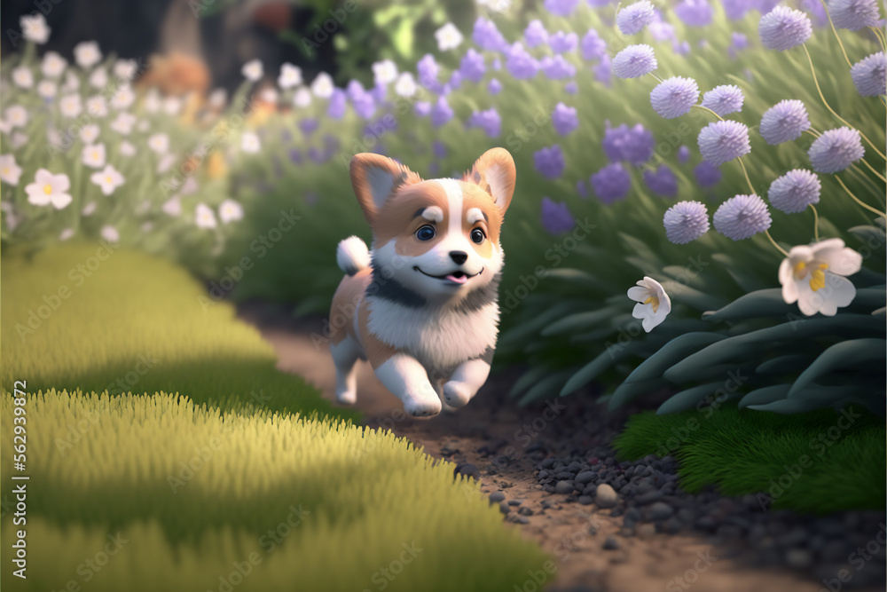 3d caracter a Welsh Corgi dog puppy running in flower garden with soft lighting and neutral colors. made with generative AI 3d caracter a Welsh Corgi dog puppy running in flower garden with soft lighting and neutral colors. made with generative AI