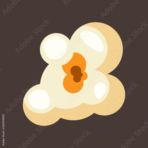Popcorn piece vector illustration. Salty or sweet snack from corn or souffle for watching movies isolated on brown background. Food, cinema concept