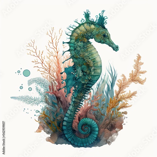 Watercolor seahorse illustration created by generative AI photo