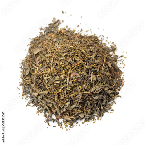 Green tea with mint on white background.
