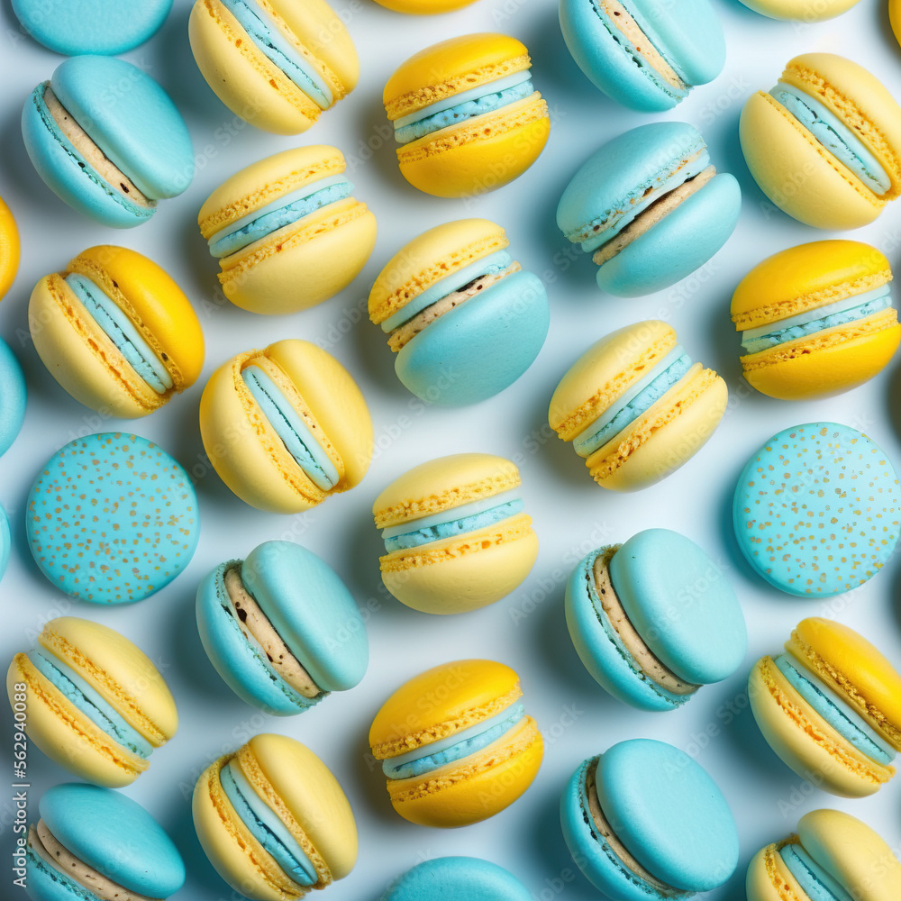 Traditional blue and yellow macarons on a white background beautifully decorated, generative AI Traditional blue and yellow macarons on a white background beautifully decorated, generative AI