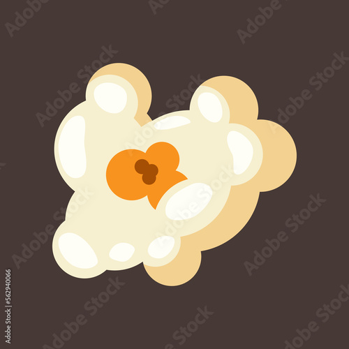 One piece of popcorn illustration. Salty or sweet snack from corn or souffle for watching movies isolated on brown background. Food, cinema concept