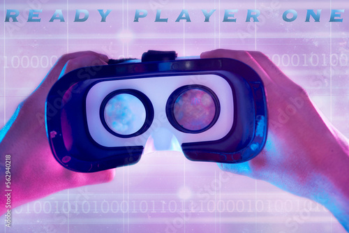 3d, virtual reality headset and hands of man ready to explore cyber world. Binary metaverse, futuristic neon or pov of male player holding technology for vr exploration and gaming glasses for esports photo