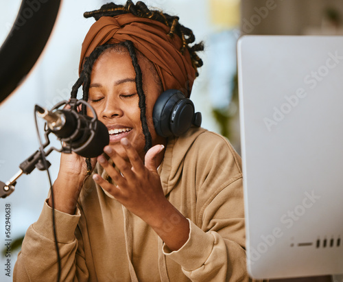 Communication, radio talk show and black woman, startup podcast presenter or speaker talking about teen culture. Girl live streaming, audio microphone and gen z influencer speaking about student news