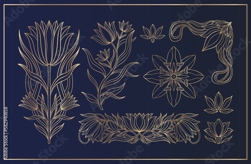 Floral tulip set in art nouveau 1920-1930. Hand drawn in a linear style with weaves of lines, leaves and flowers.