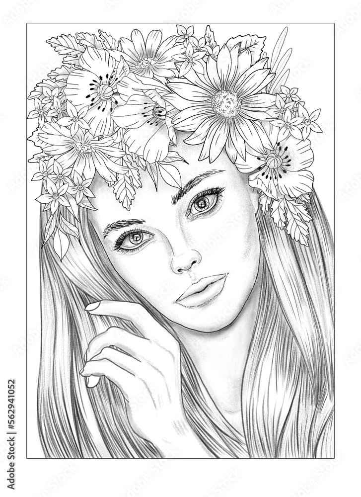 Fototapeta premium Coloring Page with Grayscale Portrait of Beautiful Woman with Flowers For Kids and Adults . Flower Woman Coloring Page.Monochrome image of woman with long curly hair. 