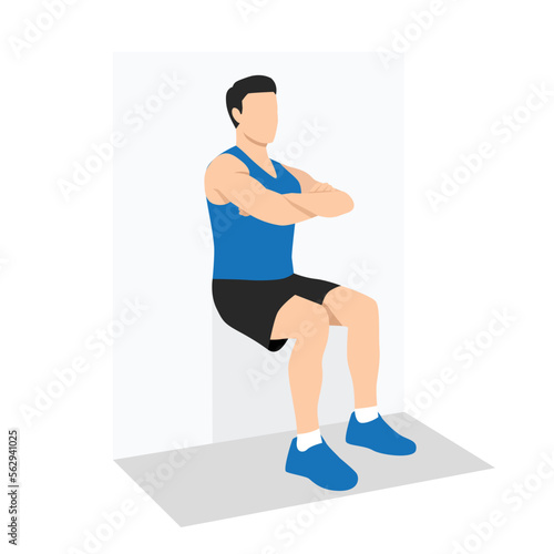 Man doing wall sit exercise. Flat vector illustration isolated on white background