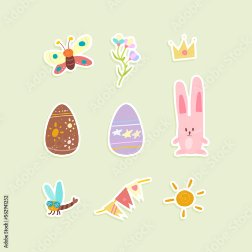 Easter Bunny with Eggs,Butterfly and Flowers Stickers Set.These stickers are perfect for adding a festive touch to your Easter-themed crafts, decorations, or greeting cards.