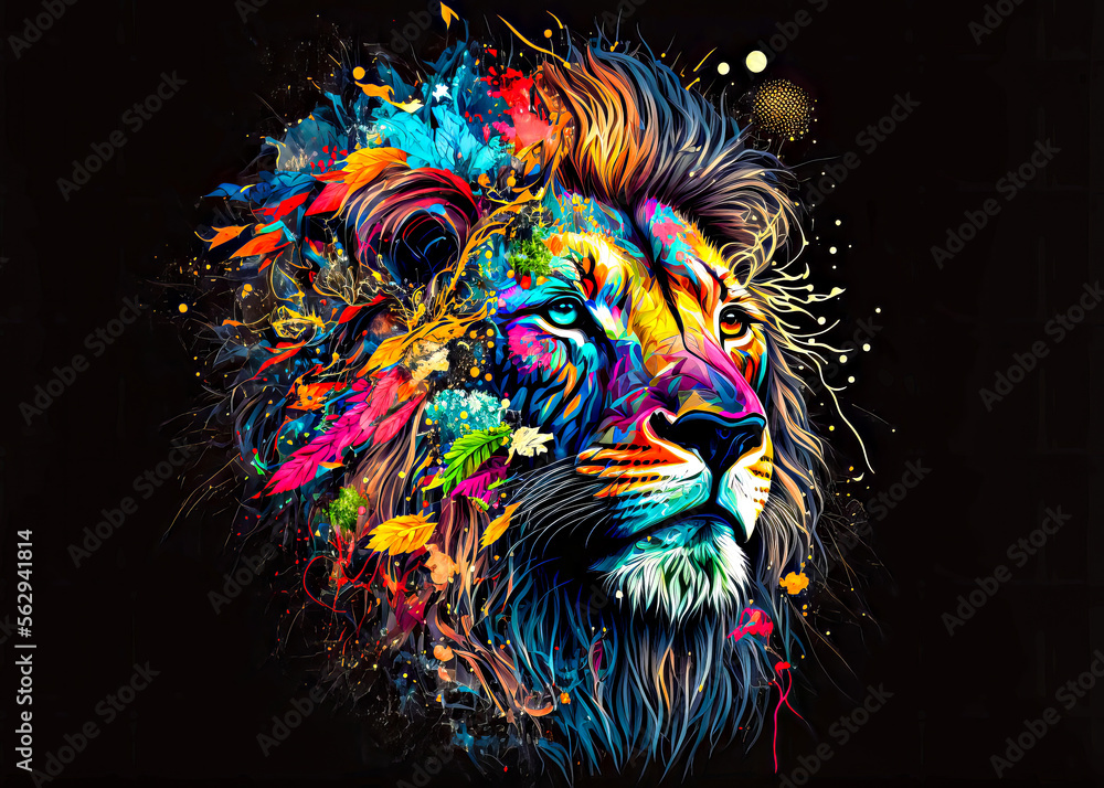 Lion, the head of a lion in a colorful flame. Abstract multicolored profile portrait of a lion head on a black background.	 - obrazy, fototapety, plakaty 