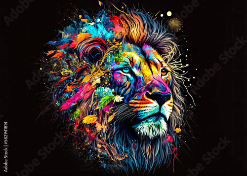 Lion, the head of a lion in a colorful flame. Abstract multicolored profile portrait of a lion head on a black background. 