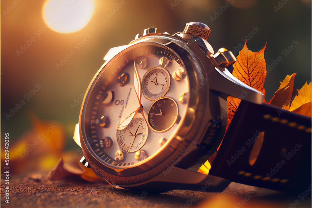 Beautiful wrist watch with orange leaves in Autumn Wrist watch with leaves Ai generative Photography of a watch Close up shots Macro photography Photorealism Stock Illustration Adobe Stock