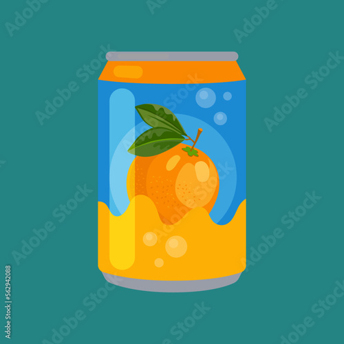 Soft drink with orange in aluminium can. Sweet orange soda, fizzy canned orange drink, sweet orange juice, tonic on white background cartoon illustration. Liquid, beverage concept