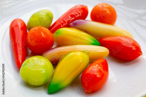 Fruit shaped of mung beans dessert (Kanom Look Choup). Thai Dessert