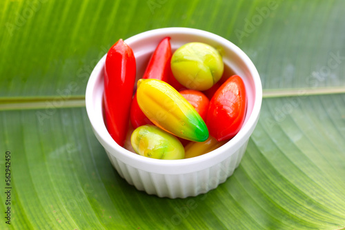 Fruit shaped of mung beans dessert (Kanom Look Choup). Thai Dessert photo