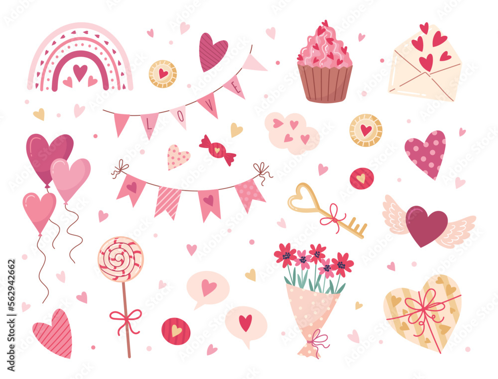 Valentine's day elements set. Gift, heart, balloon, flowers, cupcake, boucket, candy, and others for decorative. Stickers cartoon style. Vector illustration.