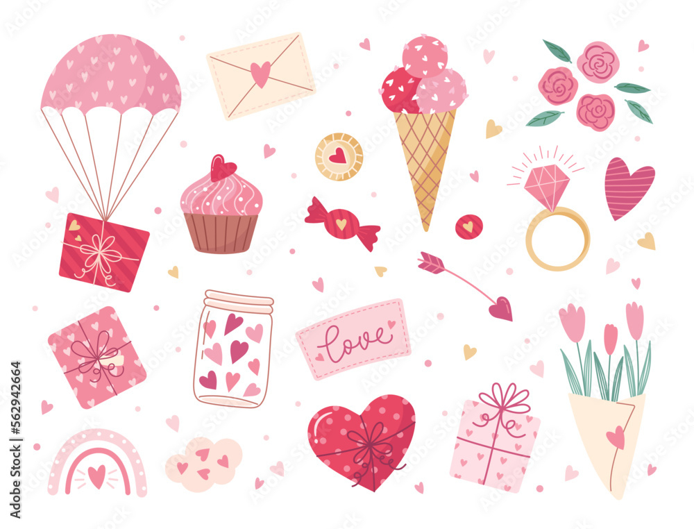 Valentine's day elements set. Gift, heart, flowers, cupcake, bouquet, candy, and others for decorative. Stickers cartoon style. Vector illustration. Valentine's day elements set. Gift, heart, flowers, cupcake, bouquet, candy, and others for decorative. Stickers cartoon style. Vector illustration.