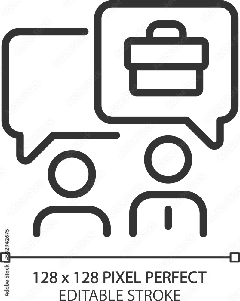 Job interview pixel perfect linear icon. HR manager and employee with chat bubbles. Business communication. Thin line illustration. Contour symbol. Vector outline drawing. Editable stroke Job interview pixel perfect linear icon. HR manager and employee with chat bubbles. Business communication. Thin line illustration. Contour symbol. Vector outline drawing. Editable stroke