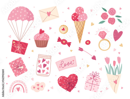 Valentine's day elements set. Gift, heart, flowers, cupcake, bouquet, candy, and others for decorative. Stickers cartoon style. Vector illustration.