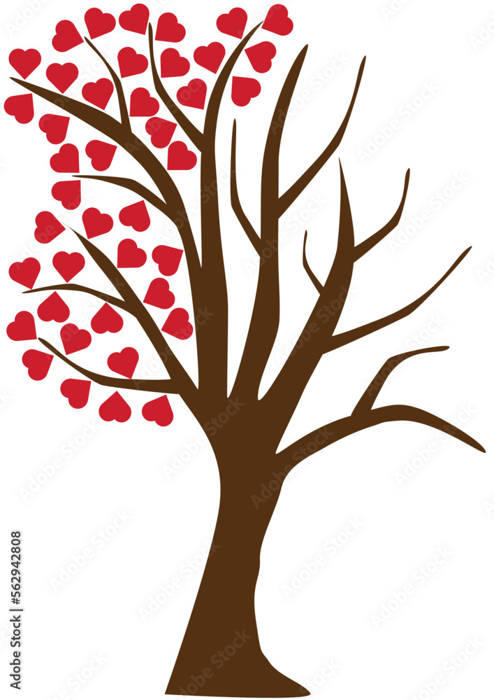 Fototapeta premium Tree with hearts hanging on left branches and fallen tree on the right side, valentines day, love with sadness, simplicity isolated on white background