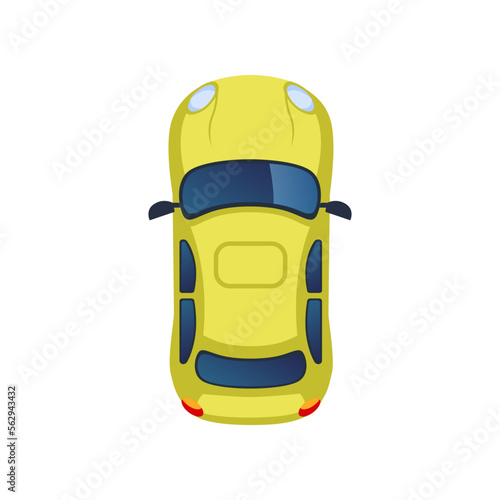 Top view of city yellow car for scheme vector illustration. Aerial view of car, street or park element for cityscape plan or map. Landscape design, architecture concept