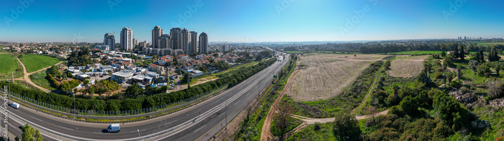 High resolution beautiful composed aerial drone panorama of southern Rehovot city- Israel