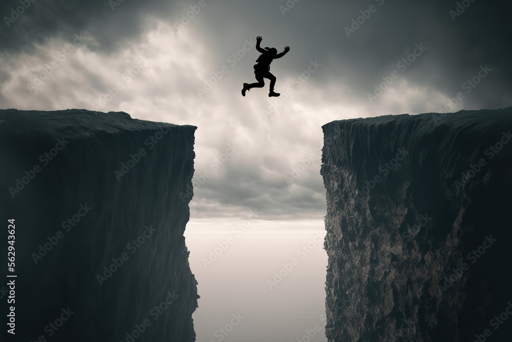 Silhoutte of a human is jumpping crossing between cliff abyss on the gray cloudy sky. The challenge for successful in 2023 concept scene. Generative Ai image. Silhoutte of a human is jumpping crossing between cliff abyss on the gray cloudy sky. The challenge for successful in 2023 concept scene. Generative Ai image.