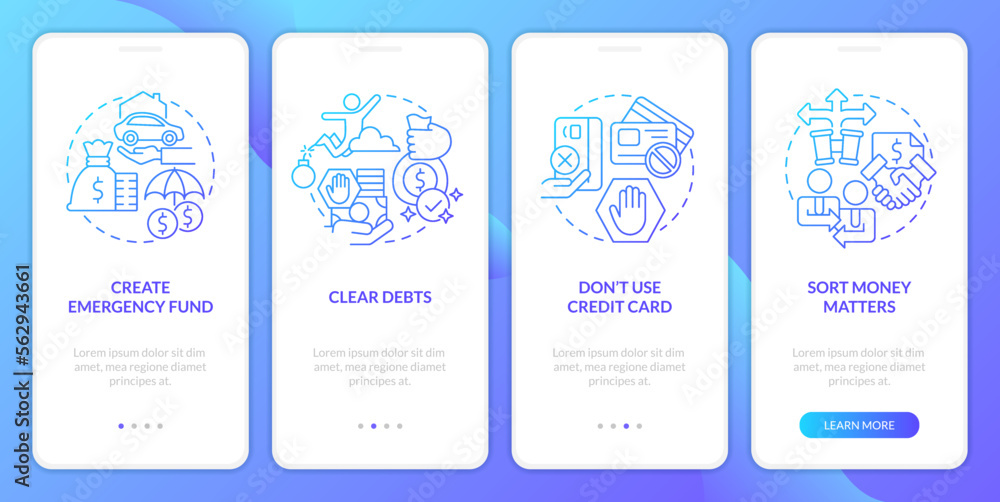 Investing preparation blue gradient onboarding mobile app screen. Trading walkthrough 4 steps graphic instructions with linear concepts. UI, UX, GUI template. Myriad Pro-Bold, Regular fonts used