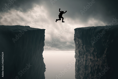 Silhoutte of a human is jumpping crossing between cliff abyss on the gray cloudy sky. The challenge for successful in 2023 concept scene. Generative Ai image.