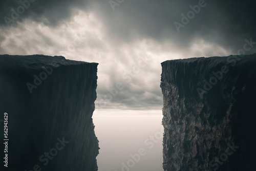 Foto Gap of the abyss cliff edge on the gray cloudy sky, The challenge route for successful concept background