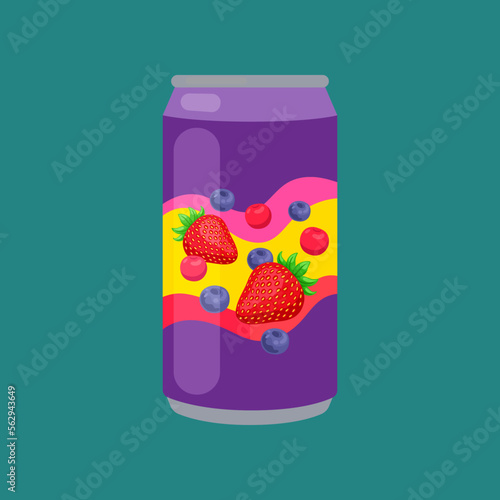 Soft drink with berries in aluminium can. Sweet berry soda, fizzy canned berry drink, sweet berry juice, tonic on white background cartoon illustration. Liquid, beverage concept