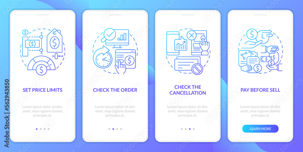 Online investing blue gradient onboarding mobile app screen. Digital trading walkthrough 4 steps graphic instructions with linear concepts. UI, UX, GUI template. Myriad Pro-Bold, Regular fonts used
