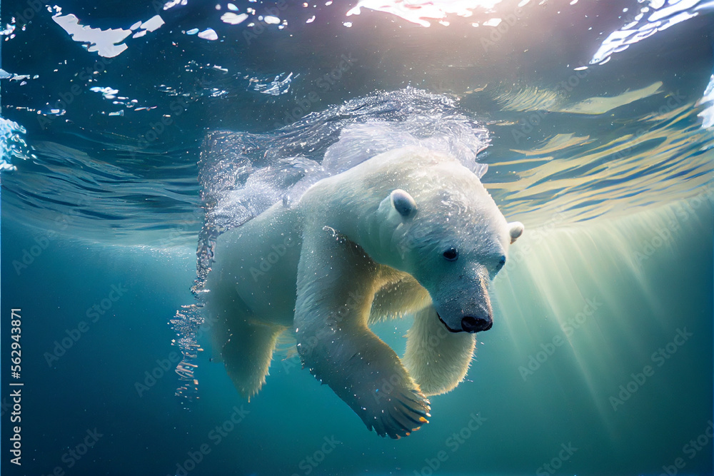 Adorable polar bear swimming in blue water | Under water polar bear | Polar bear swimming in chilled water | Ai Generative | Winters | Snow bear | Hyper realistic illustration