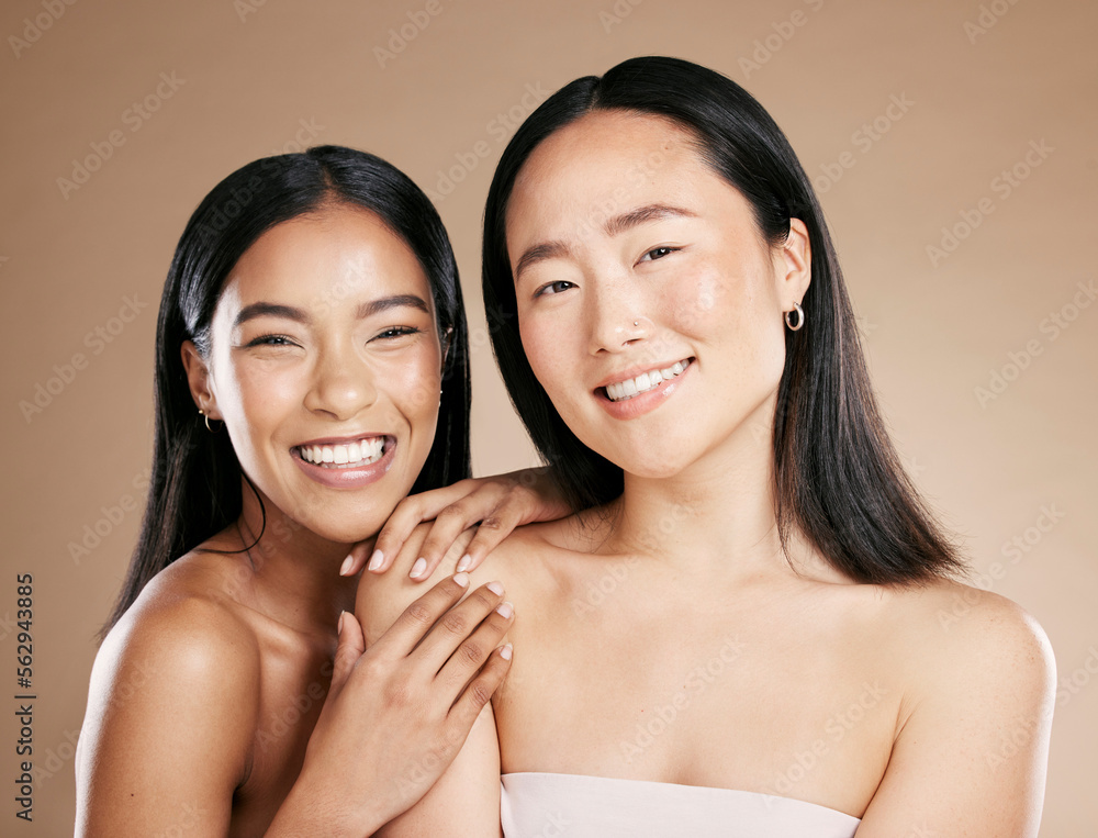 Portrait, beauty and diversity with model woman friends in studio on a beige background for skincare. Face, skin and wellness with a young female and friend posing to promote a cosmetic product Portrait, beauty and diversity with model woman friends in studio on a beige background for skincare. Face, skin and wellness with a young female and friend posing to promote a cosmetic product