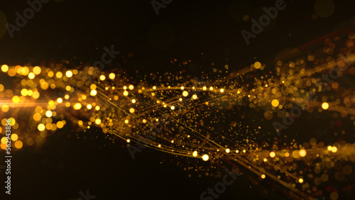 Fototapeta Naklejka Na Ścianę i Meble -  Gold digital particles dots and line wave flow loop motion abstract background for new year or important events, 3d rendering