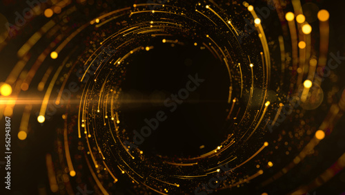 Tunnel gold color digital particles dots and line twist abstract background for new year or important events, 3d rendering