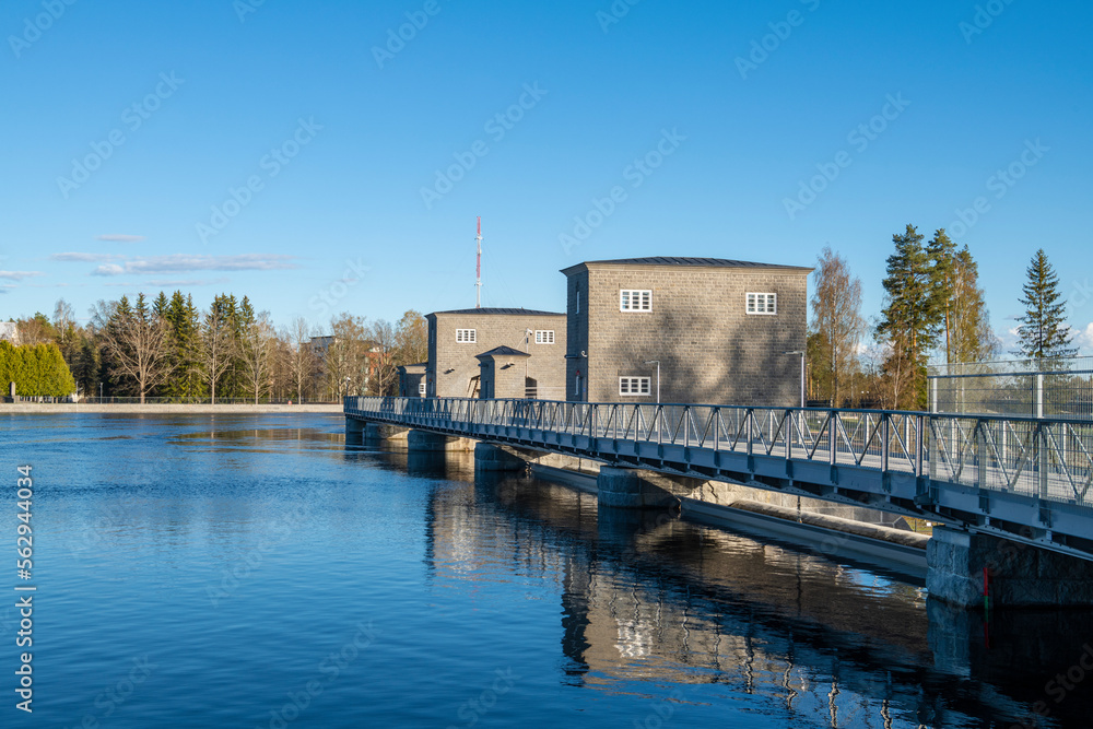View of the hydroelectric powerplant dam in spring, Imatrankoski rapid (The Imatra Rapid), Vuoksi River, Imatra, Finland