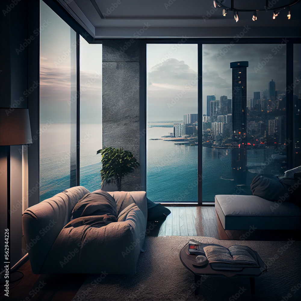 Empty loft style room with concrete floor and city view - obrazy, fototapety, plakaty 