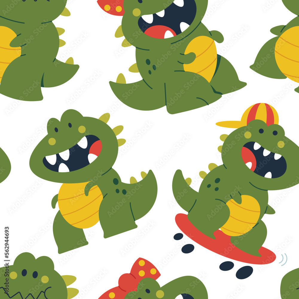 Fototapeta premium Funny dinosaurs vector cartoon seamless pattern background for wallpaper, wrapping, packing, and backdrop.