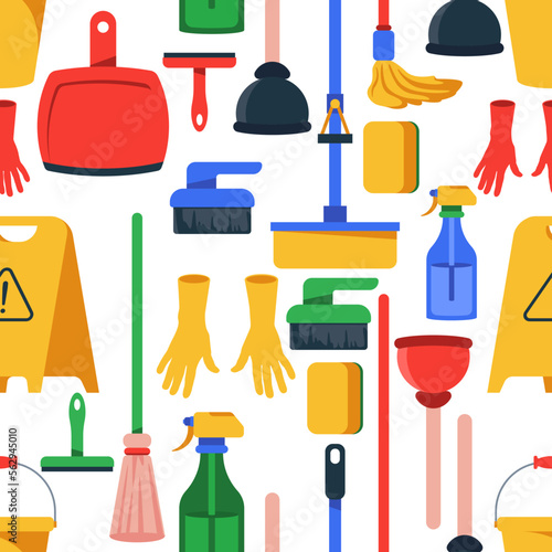 Cleaning tools vector cartoon seamless pattern background for wallpaper, wrapping, packing, and backdrop.