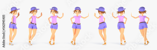 Girl character in different angles view 3d render. Rotation animation set of cartoon woman personage standing leaning hand on wall with short hair, wearing colorful summer clothing