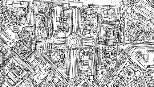 Milan, Italy. Gallery of Victor Emanuel II 1865-1877 year of construction. Roofs of the city. Doodle sketch style. Aerial view