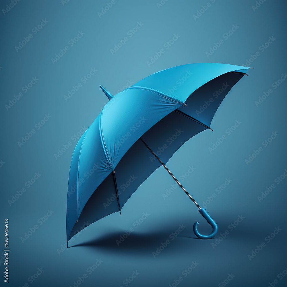 a blue umbrella is opened on a blue background,  standing on the blue ground. Generative AI - obrazy, fototapety, plakaty 