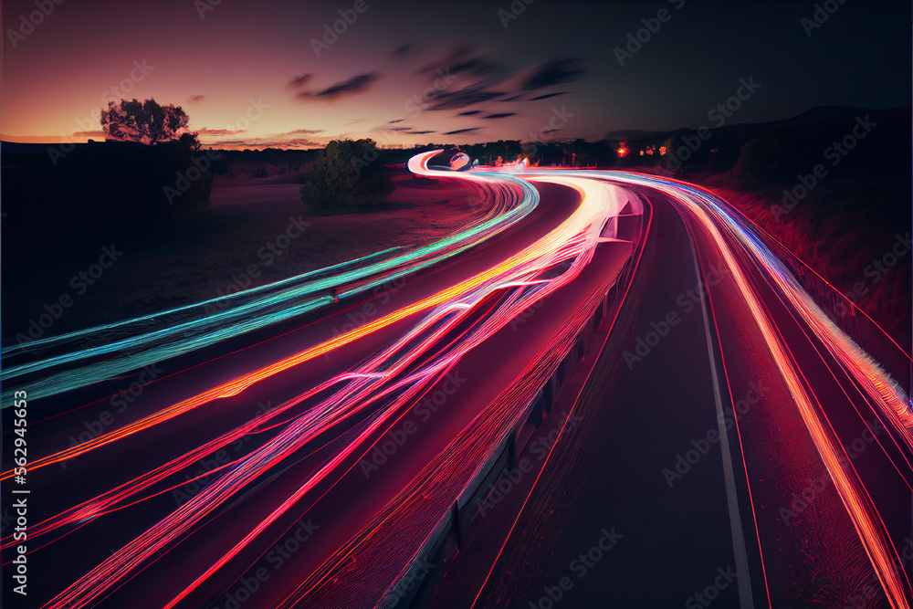Fast moving cars light trails at night | Colorful light trails of fast moving vehicles on highway | Hyper realistic | Ai generated |  Light trails | Light trail photography | Timelapse | Ai generative