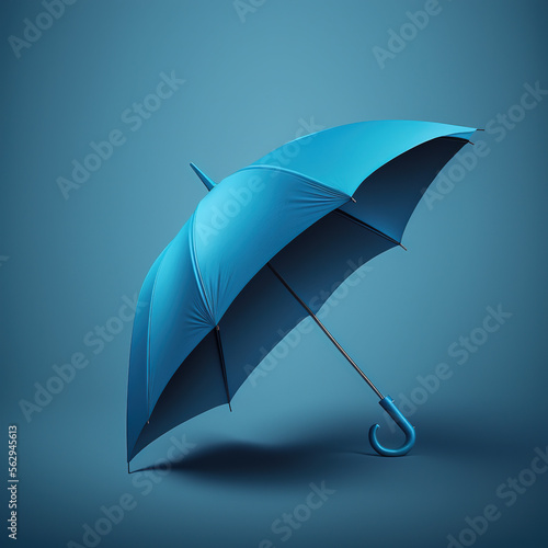a blue umbrella is opened on a blue background,  standing on the blue ground. Generative AI