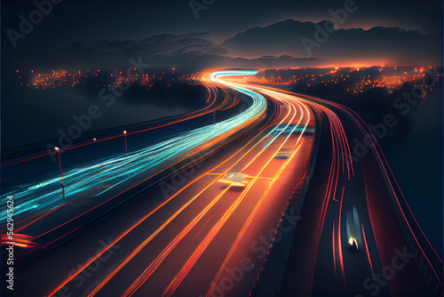 Fast moving cars light trails at night | Colorful light trails of fast moving vehicles on highway | Hyper realistic | Ai generated | Light trails | Light trail photography | Timelapse | Ai generative