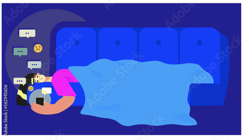 Vector illustration, a young girl sadly lies on the sofa and sends messages by phone. Online communication, loneliness, emotions.