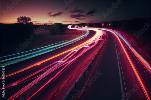 Fast moving cars light trails at night | Colorful light trails of fast moving vehicles on highway | Hyper realistic | Ai generated | Light trails | Light trail photography | Timelapse | Ai generative