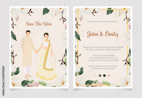 cute young indian wedding couple on watercolor white magnolia flower bouquet wedding invitation card template collection